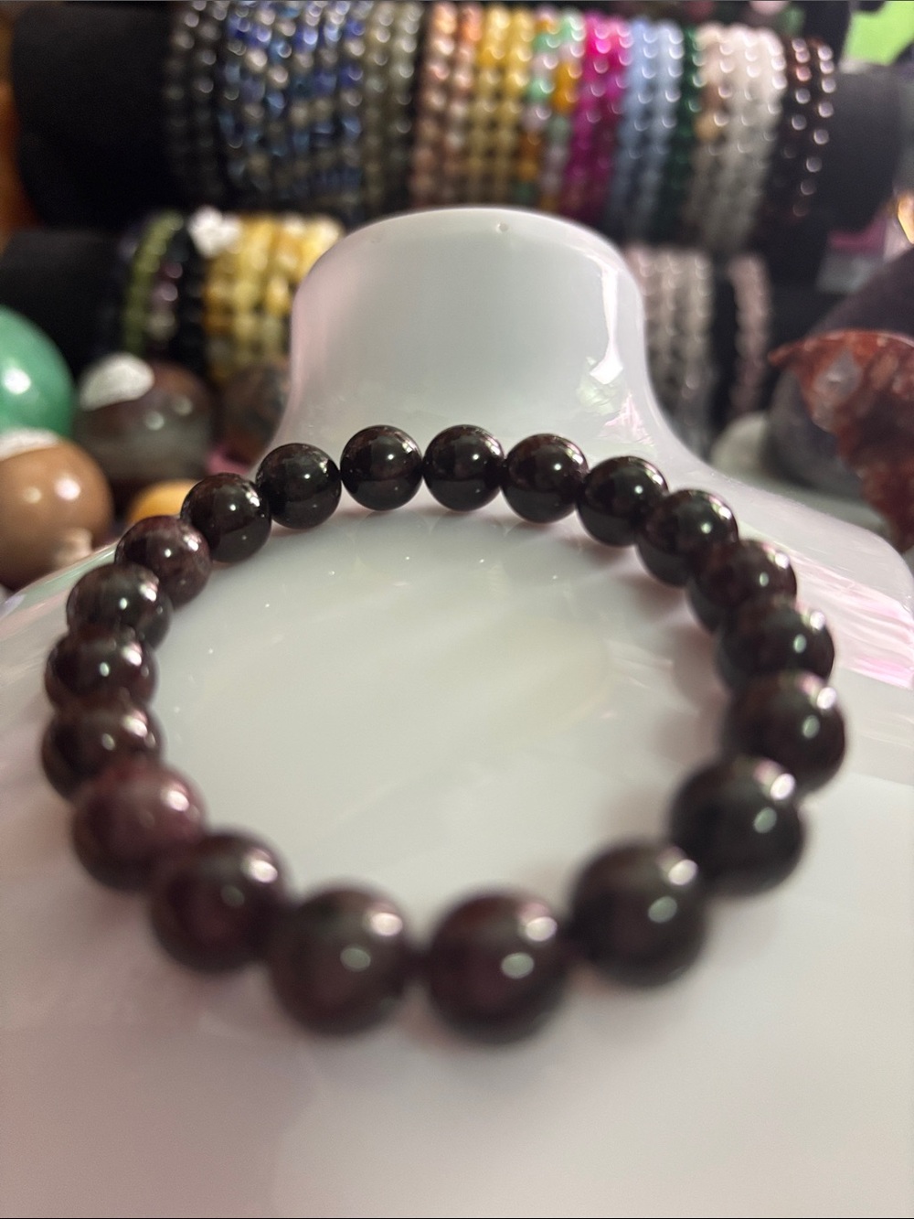 Polished Deep Garnet Beaded Stretch Bracelet